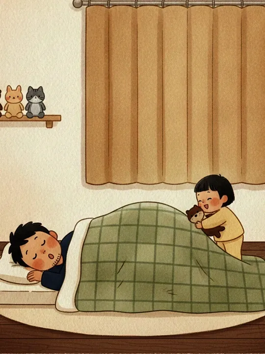 おきて、ふとんの やま の表紙の挿絵